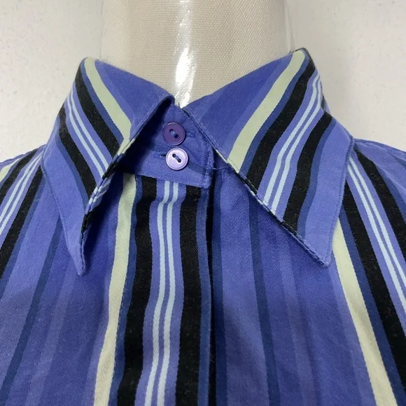 Y2K Women's Blue Green Striped Button Down Shirt Preppy Office Long Sleeve Sz 8 - Picture 2 of 10